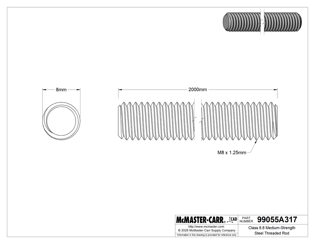 Technical Drawing of Class 8.8 Medium-Strength Steel Threaded Rod, M8 x 1.25 mm Thread Size, 2 M Long.